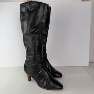 Vintage Cobbies Black Leather Knee High Boots Pointed Toe Kitten Heel Womens 7M